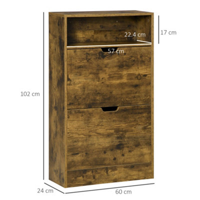 HOMCOM Rustic 2 Flip Door Shoe Cabinet with Adjustable Divider and Open Shelf