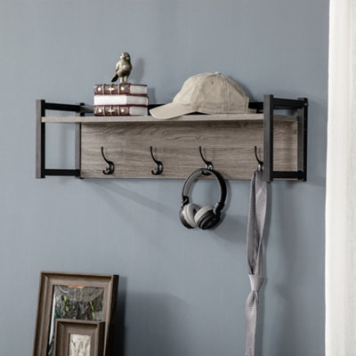 HOMCOM Rustic Wall-Mounted Coat Rack Floating Shelf with 4 Hooks for  Entryway