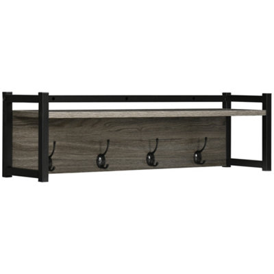 HOMCOM Rustic Wall-Mounted Coat Rack Floating Shelf with 4 Hooks for ...
