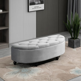 HOMCOM Semi-Circle Bed End Bench Ottoman with Storage Tufted Upholstered Accent Seat Footrest Stool with Rubberwood Legs, Grey