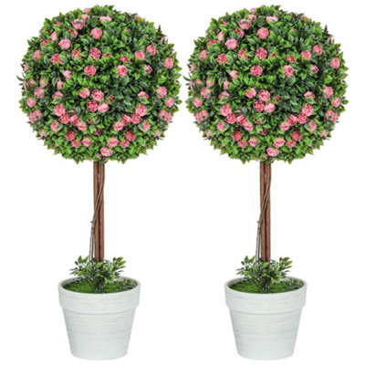 HOMCOM Set of 2 Artificial Plants with Rose Flower in Pot, 60cm, Pink