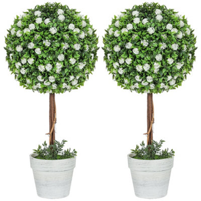 HOMCOM Set of 2 Artificial Plants with Rose Flower in Pot, 60cm, White