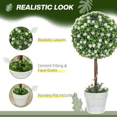 HOMCOM Set of 2 Artificial Plants with Rose Flower in Pot, 60cm, White
