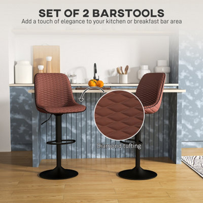 HOMCOM Set of 2 Bar Stools, Adjustable Swivel Breakfast Barstools, Brown
