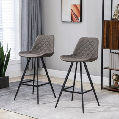 HOMCOM Set Of 2 Bar Stools Microfiber Cloth Kitchen Chair Dark Grey