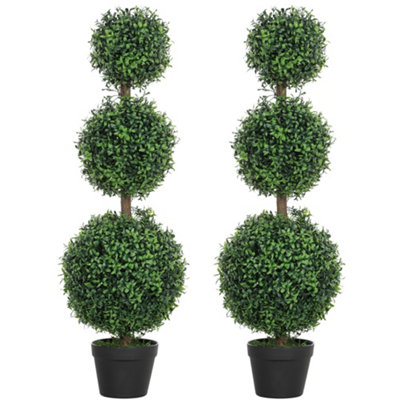 HOMCOM Set of 2 Decorative Artificial Plants Boxwood Trees in Pot, Green