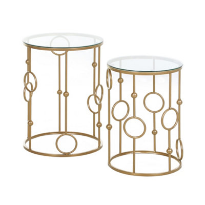 HOMCOM Set of 2 Gold Nesting Coffee Table, Side Tables W/ Tempered Glass Top