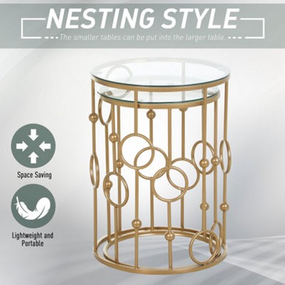 HOMCOM Set of 2 Gold Nesting Coffee Table, Side Tables W/ Tempered Glass Top