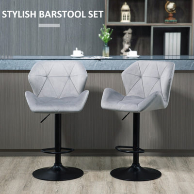 HOMCOM Set Of 2 Luxurious Velvet-Touch Bar Stools Metal Frame Footrest Grey