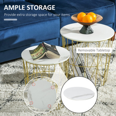 HOMCOM Set of 2 Nesting End Tables Side Tables w/ Basket Removable Top, White