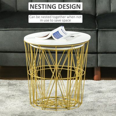 HOMCOM Set of 2 Nesting End Tables Side Tables w/ Basket Removable Top, White