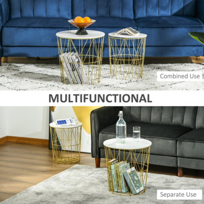 HOMCOM Set of 2 Nesting End Tables Side Tables w/ Basket Removable Top, White