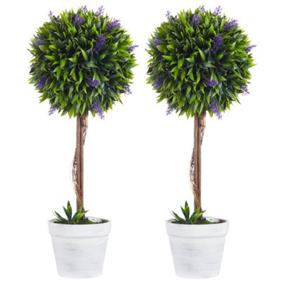 HOMCOM Set of 2 Potted Artificial Plants Ball Tree with Lavender Flowers, 60cm