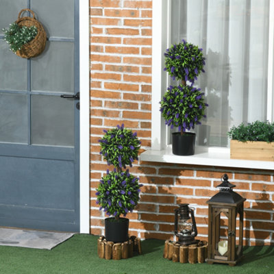 HOMCOM Set of 2 Potted Artificial Plants Ball Tree with Lavender Flowers, 70cm
