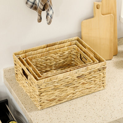 HOMCOM Set of 3 Wicker Storage Baskets, Woven Baskets with Handles, Natural