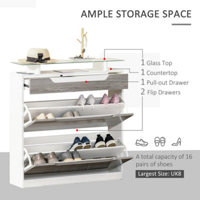 HOMCOM Shoe Cabinet w/ 3 Drawers High Gloss Storage Cupboard w/ Glass Top Grey