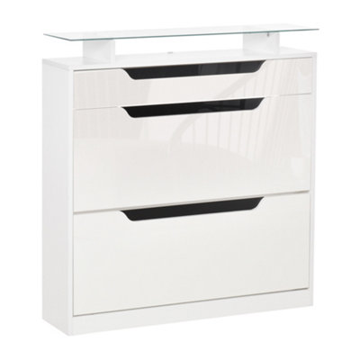 HOMCOM Shoe Cabinet w/ 3 Drawers High Gloss Storage Cupboard w/ Glass Top White
