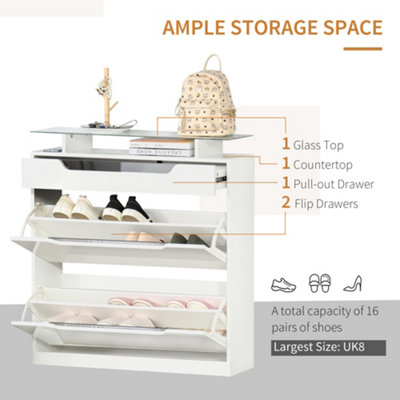 HOMCOM Shoe Cabinet w/ 3 Drawers High Gloss Storage Cupboard w/ Glass Top White