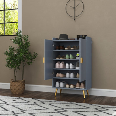 HOMCOM Shoe Cabinet with Beadboard Doors for 15 Pairs of Shoes, Light Grey