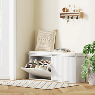 HOMCOM Shoe Storage Bench with Cushion and Flip-Drawer 104x26x47.5cm White