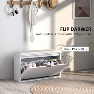 HOMCOM Shoe Storage Bench with Cushion and Flip-Drawer 80x26x47.5cm White