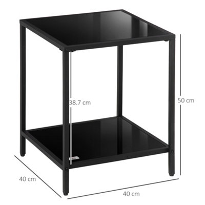 HOMCOM Side Table with Tempered Glass Top, End Table with 2-Tier Storage, Black