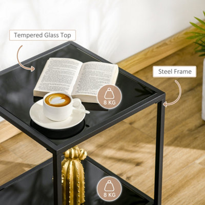 HOMCOM Side Table with Tempered Glass Top, End Table with 2-Tier Storage, Black