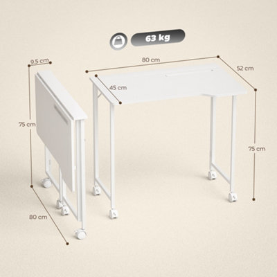 HOMCOM Small Writing Desk with Wheels, Folding Study Table, White