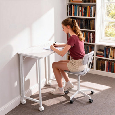 HOMCOM Small Writing Desk with Wheels, Folding Study Table, White