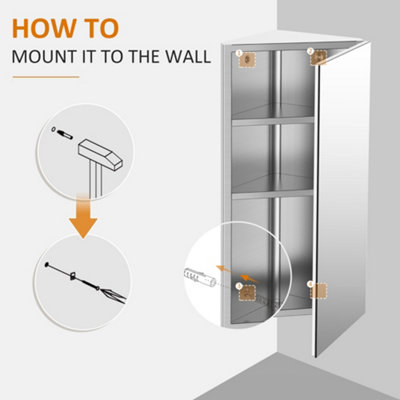 Stainless Steel Silver Corner Mount Medicine Cabinet with 3