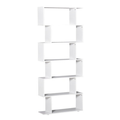 HOMCOM Storage Bookcase 6 Shelves Wood Bookshelf S Shape Home Office White