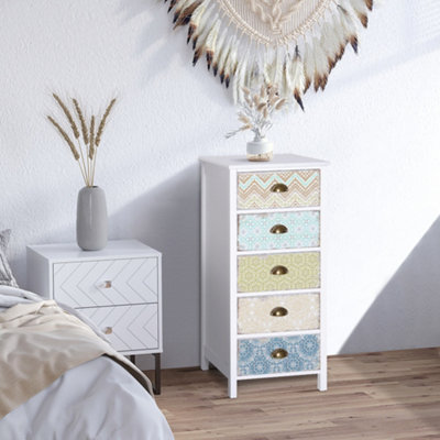 HOMCOM Storage Chest Unit Dresser 5 Drawer Retro Style Wood White Entryway