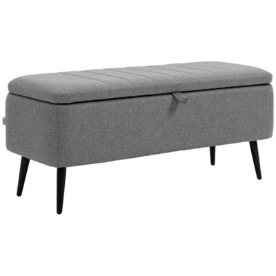 HOMCOM Storage Ottoman with Flip Top, Rectangular Upholstered Bench, Linen Fabric Footstool with Steel Legs Grey