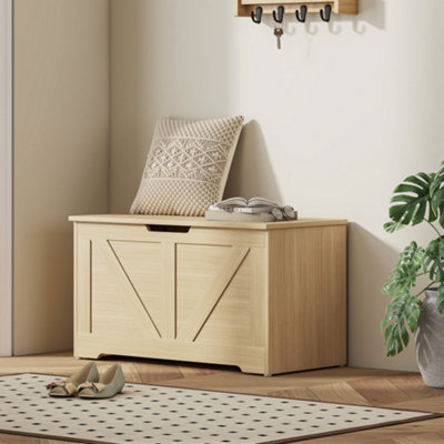 HOMCOM STORAGE TRUNK WITH 2 SAFETY HINGES, 80CM, NATURAL WOOD FINISH