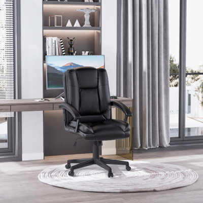 HOMCOM Swivel Executive Office Chair Mid Back Faux Leather Computer Desk for Home with Double-Tier Padding, Black