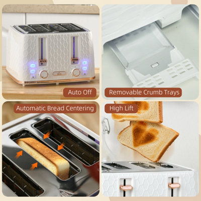 HOMCOM Toaster with 4 Slot, 7 Browning Levels, 1600W, White Honeycomb