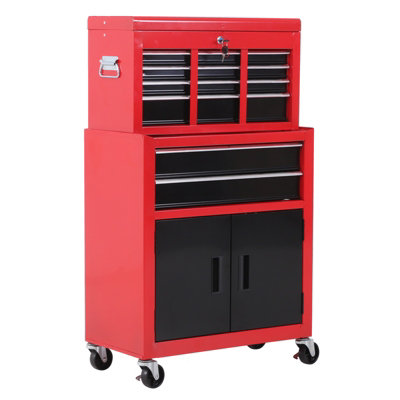 HOMCOM Tool Chest, Metal Tool Cabinet on Wheels with Drawers, Pegboard, Top Chest and Roller Cabinet Combo, 61.6 x 33 x 108cm, Red