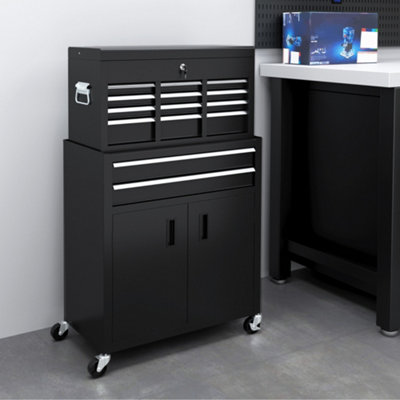 HOMCOM Top Chest and Roller Cabinet Combo Metal Tool Cabinet on Wheels Black