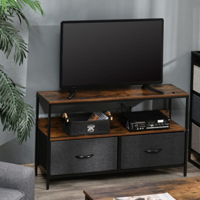HOMCOM TV Cabinet, TV Console Unit with 2 Foldable Linen Drawers Rustic Brown