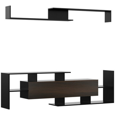 HOMCOM TV Cabinet Unit w/ Wall-Mounted Shelf, Open Shelves Black and Brown