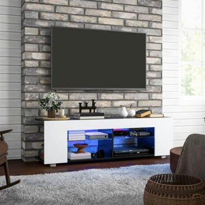 HOMCOM TV Stand 145cm TV Unit with Glass Shelves RGB LED Light for 60"TV White