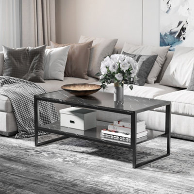 HOMCOM Two-Tier Coffee Table with Marble Effect Shelf and Metal Frame Black