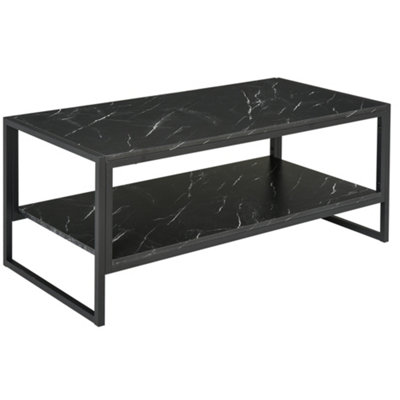 HOMCOM Two-Tier Coffee Table with Marble Effect Shelf and Metal Frame Black