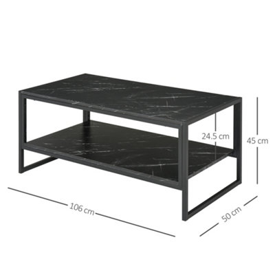 HOMCOM Two-Tier Coffee Table with Marble Effect Shelf and Metal Frame Black