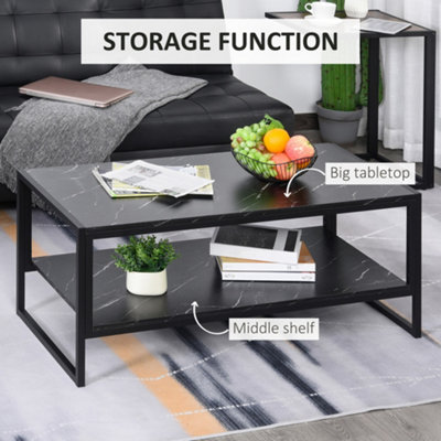 HOMCOM Two-Tier Coffee Table with Marble Effect Shelf and Metal Frame Black