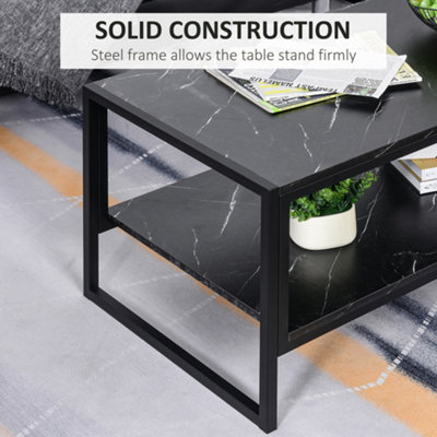 HOMCOM Two-Tier Coffee Table with Marble Effect Shelf and Metal Frame Black