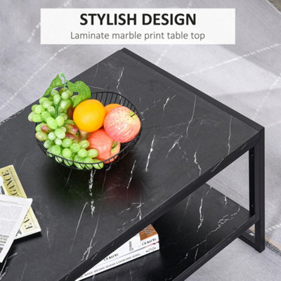 HOMCOM Two-Tier Coffee Table with Marble Effect Shelf and Metal Frame Black