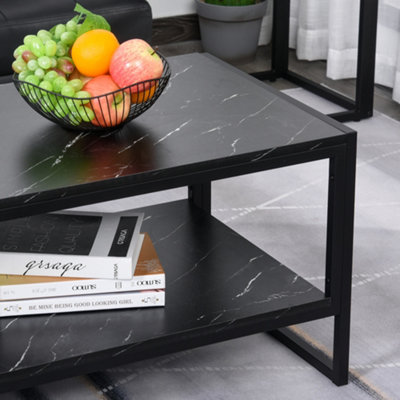HOMCOM Two-Tier Coffee Table with Marble Effect Shelf and Metal Frame Black