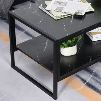 HOMCOM Two-Tier Coffee Table with Marble Effect Shelf and Metal Frame Black