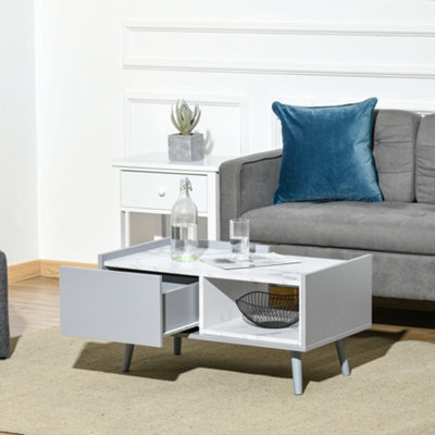 HOMCOM Two-Tone Coffee Table Marble Effect w/ Storage Wood Legs Home Furniture